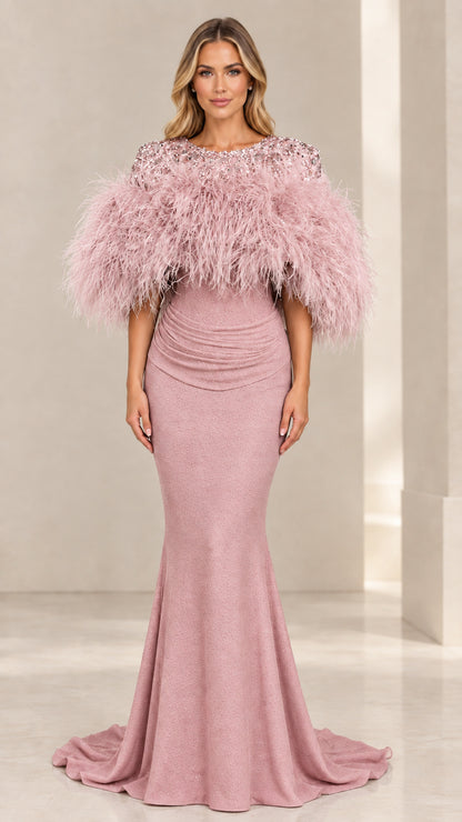 Dusty rose pink feather shoulder sequin mermaid formal gown