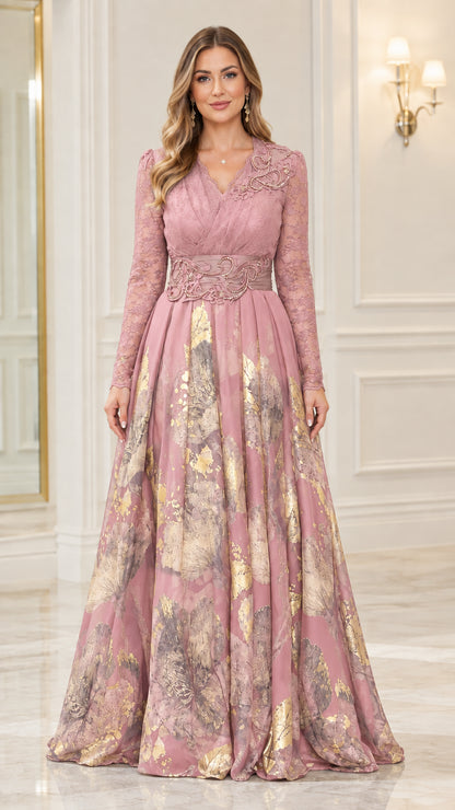 Front full-length view of dusty rose pink metallic floral formal gown