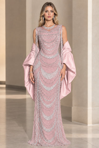 Front view of blush pink embellished evening dress with matching pink wrap