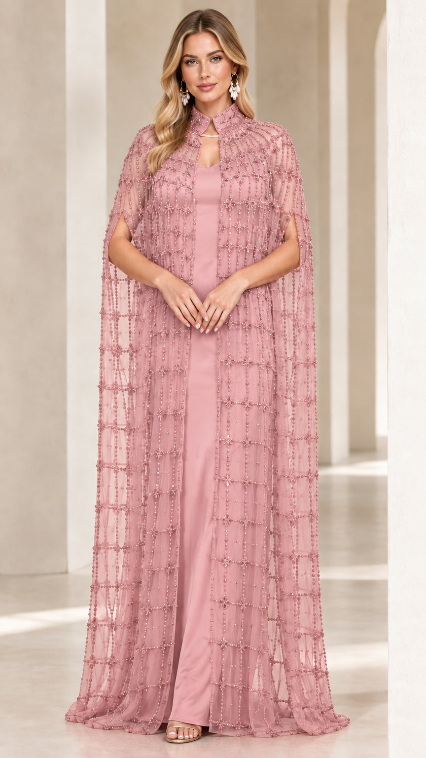 Dusty pink formal evening dress with sheer embellished cape overlay