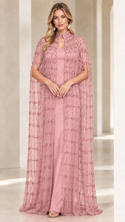 Dusty pink formal evening dress with sheer embellished cape overlay