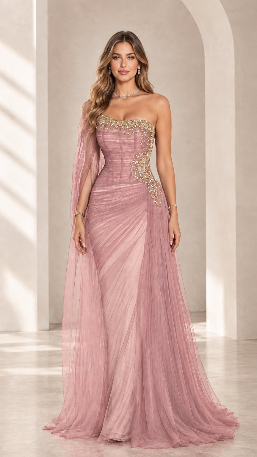Dusty pink strapless embellished corset evening gown with flowing tulle overlay