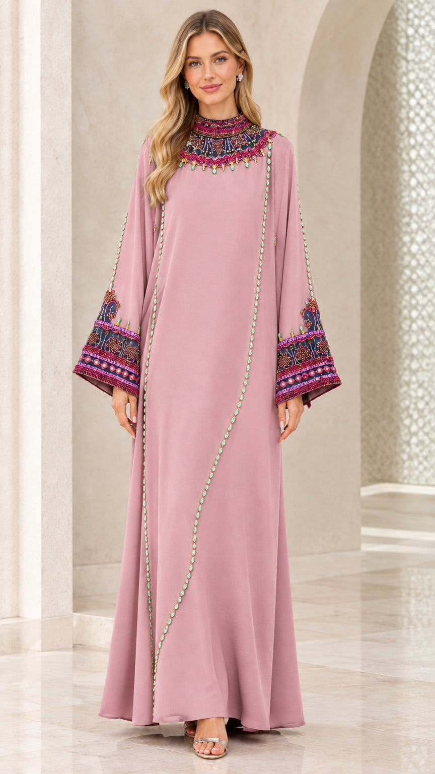 Dusty pink long sleeve beaded collar modest evening maxi dress