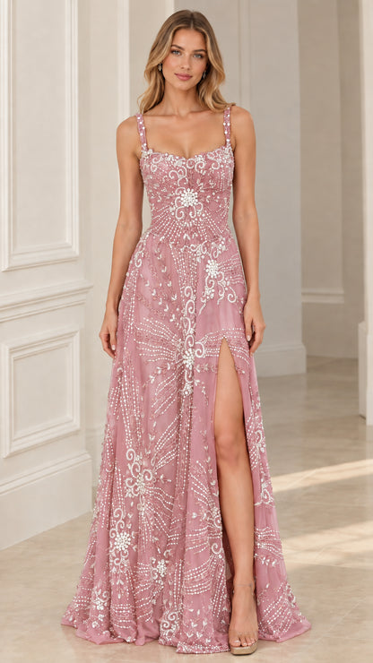 Front full-length view of Dusty Rose pink embellished formal gown
