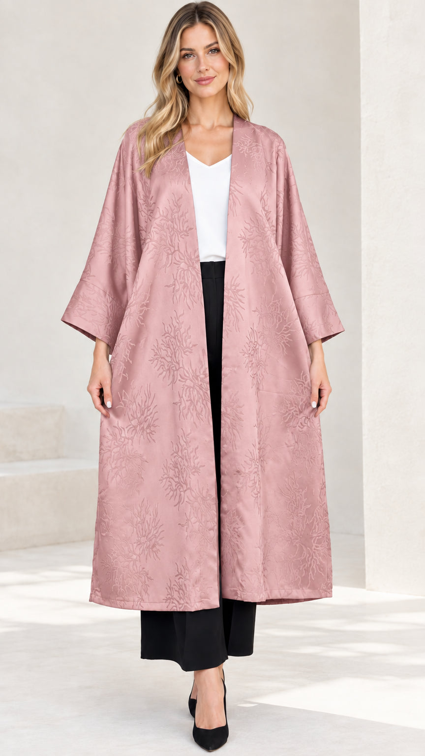 Dusty pink open front jacquard duster coat on model