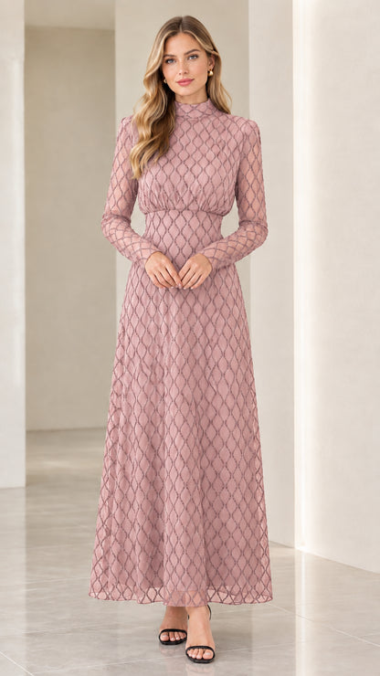 Front full view of woman wearing dusty pink geometric long sleeve maxi dress