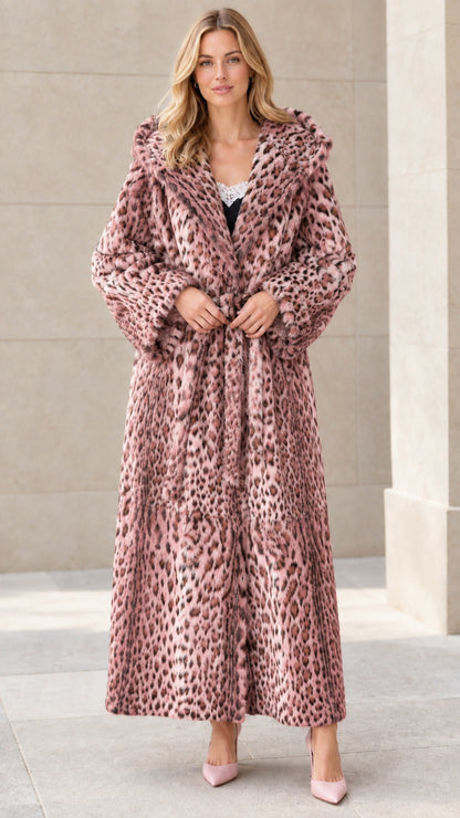 Full-length view of model wearing dusty pink leopard print hooded faux fur maxi coat