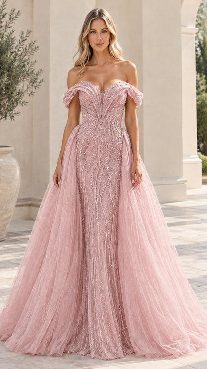 Blush pink embellished off-the-shoulder evening gown with tulle train