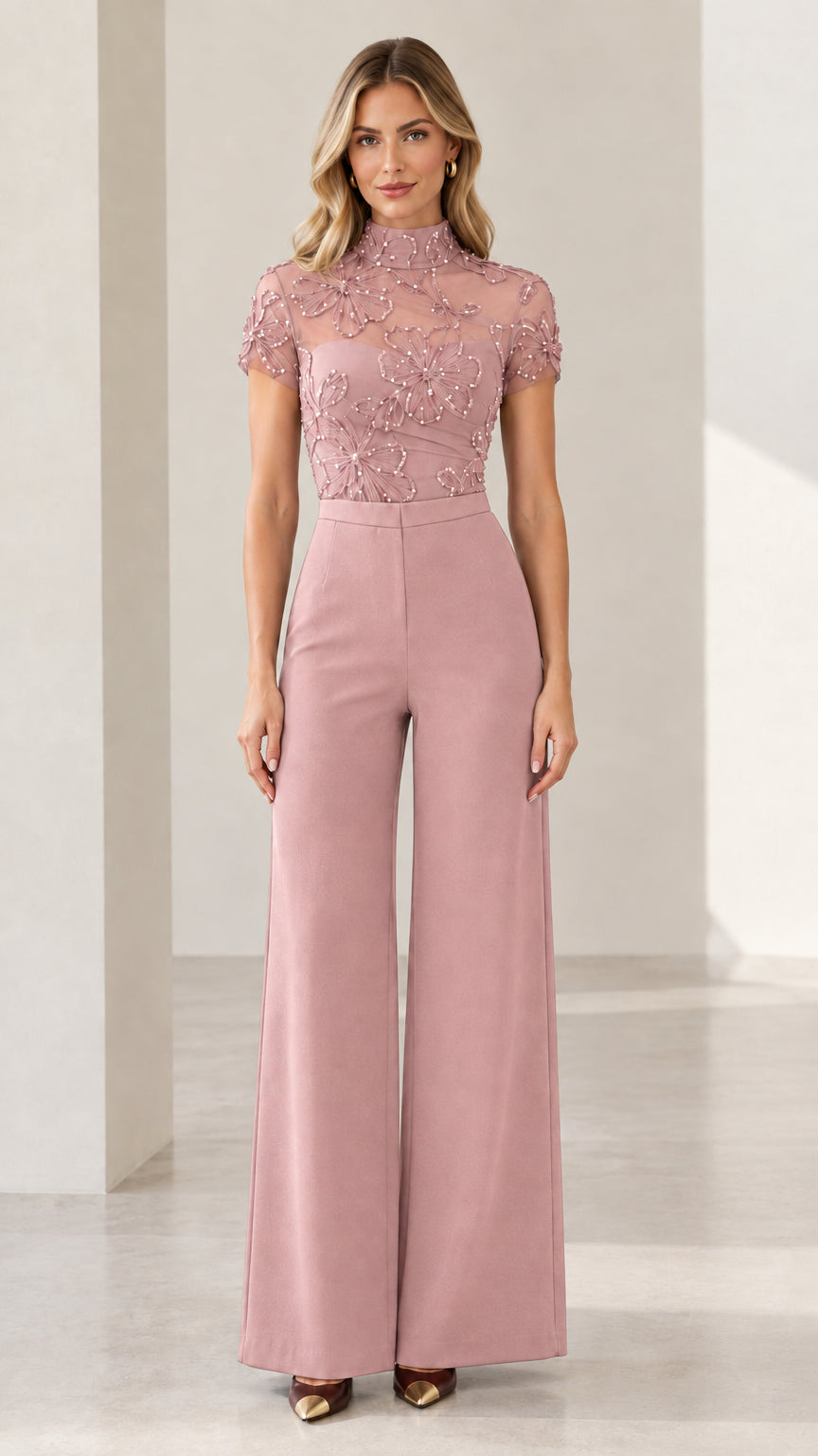 Dusty rose pink sequin embroidered wide-leg formal jumpsuit