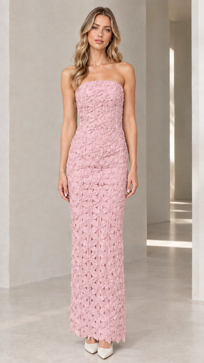 Full-length front view of blush pink strapless 3D floral maxi gown