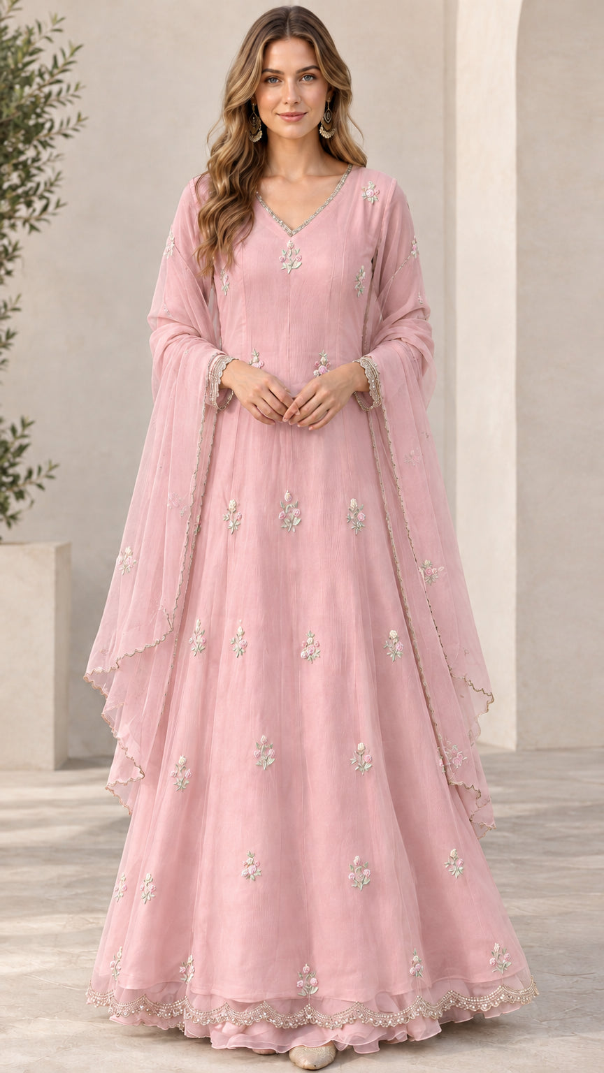 Front view of model wearing blush pink embroidered floor-length evening dress