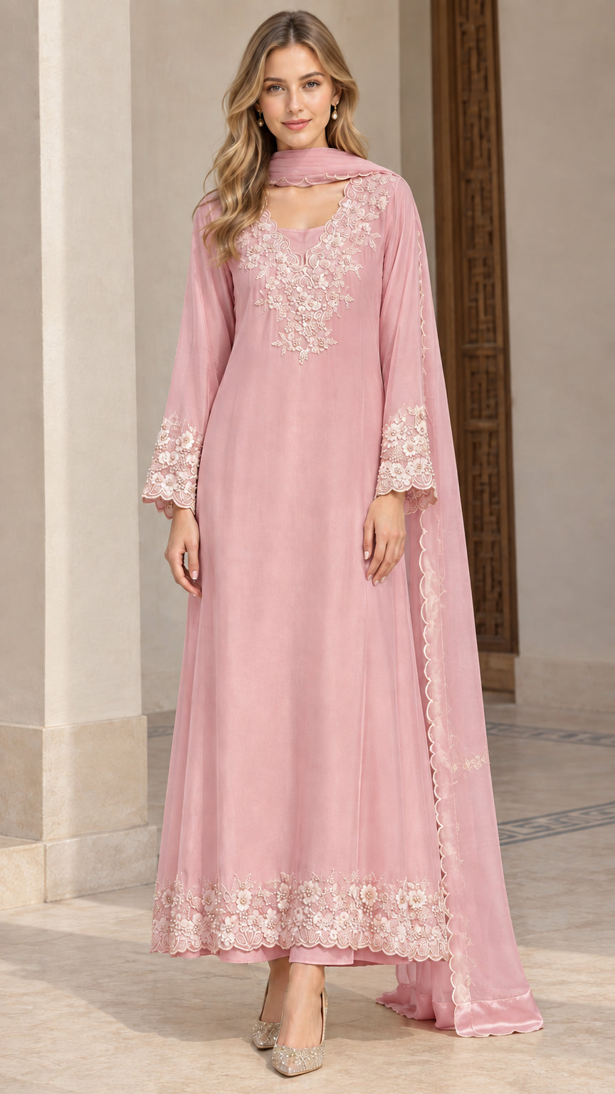 Front view of dusty pink floral embroidered A-line dress set with matching scarf
