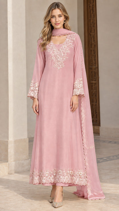 Front view of dusty pink floral embroidered A-line dress set with matching scarf