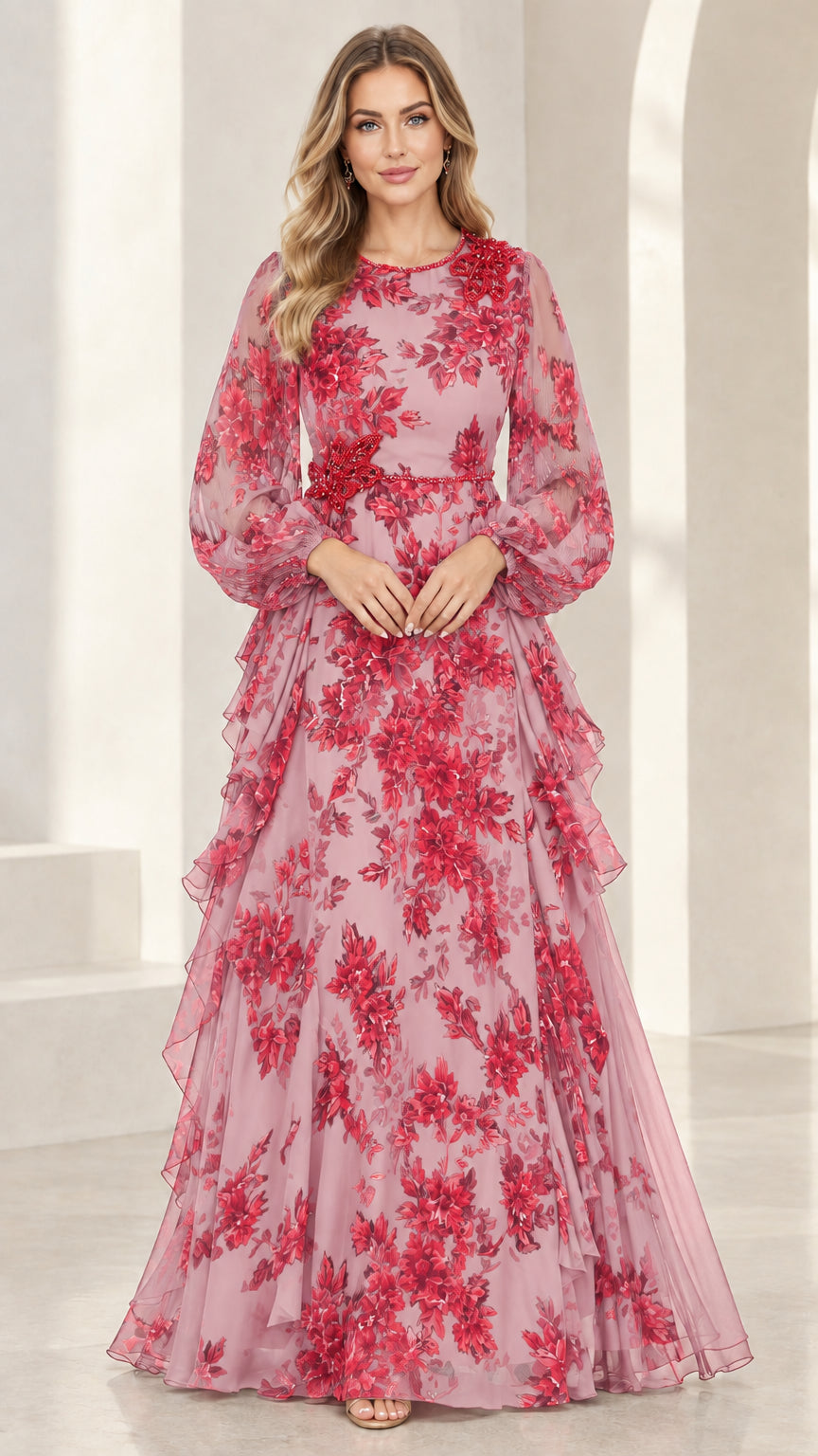 Blush pink and red floral long sleeve maxi evening gown