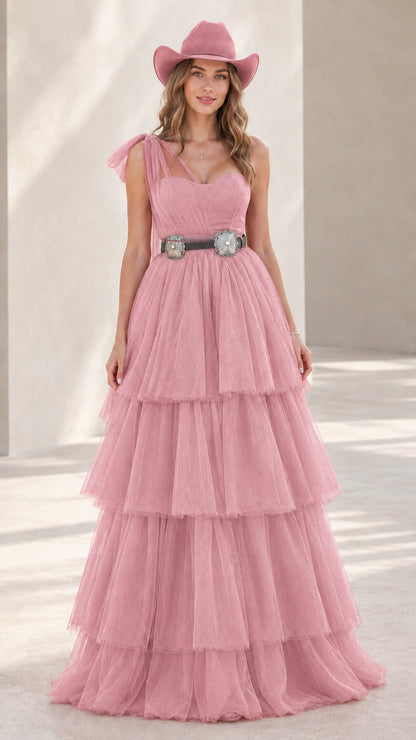 Model wearing dusty pink one-shoulder tiered tulle evening gown