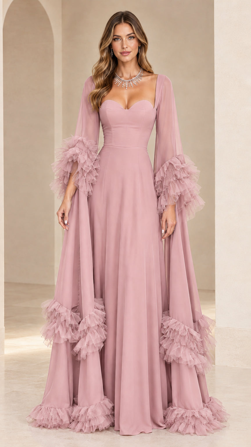 Dusty pink formal maxi dress with dramatic ruffled long sleeves