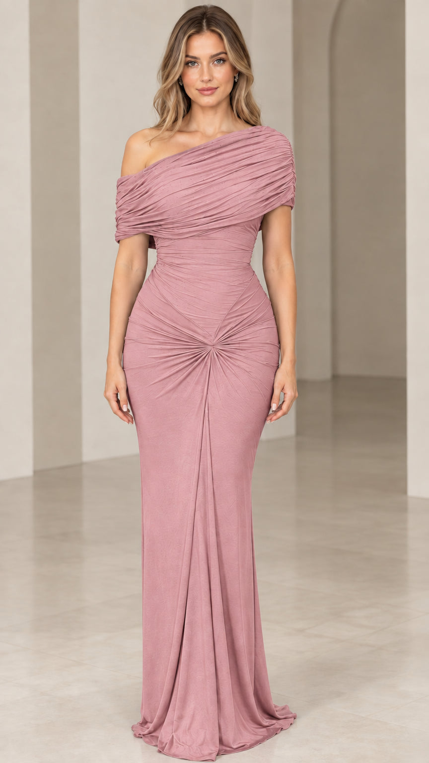 Front view of model wearing dusty rose one-shoulder ruched evening gown