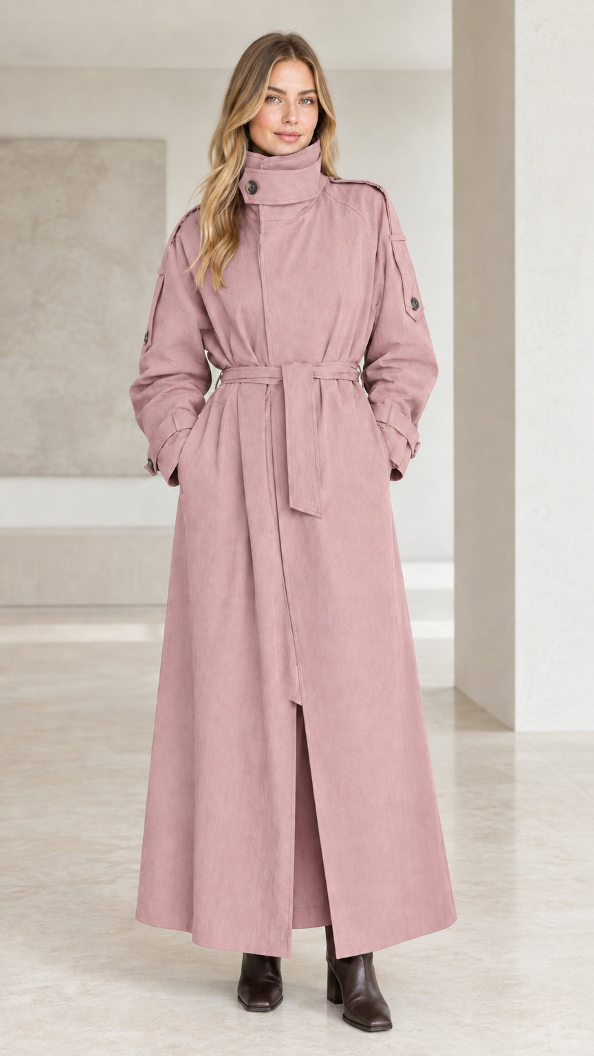 Front view of dusty pink maxi belted trench coat