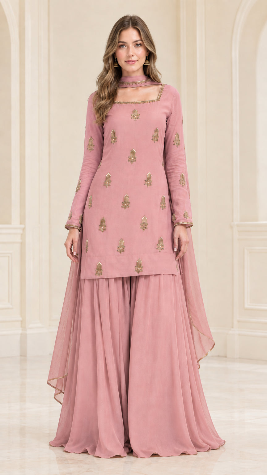 Model wearing dusty pink embroidered kurta sharara suit set