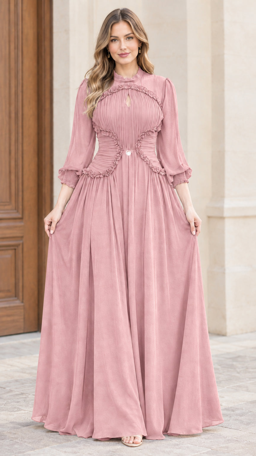 Front full-length view of woman wearing dusty rose pleated chiffon evening gown