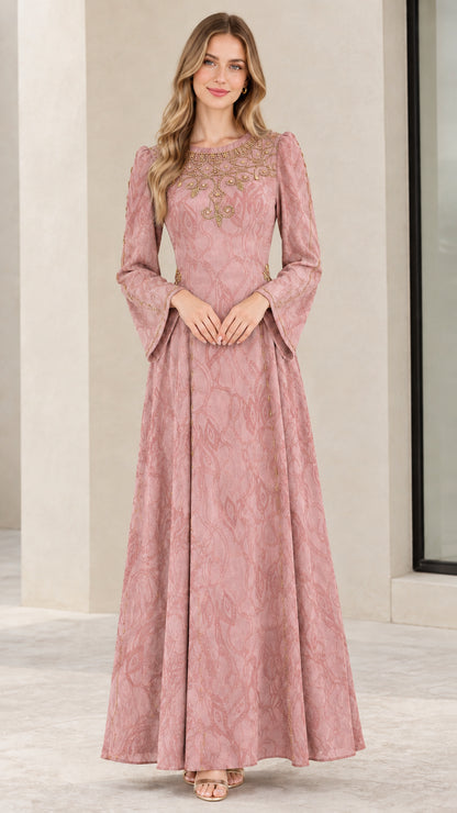 Model wearing dusty rose embellished modest jacquard maxi gown