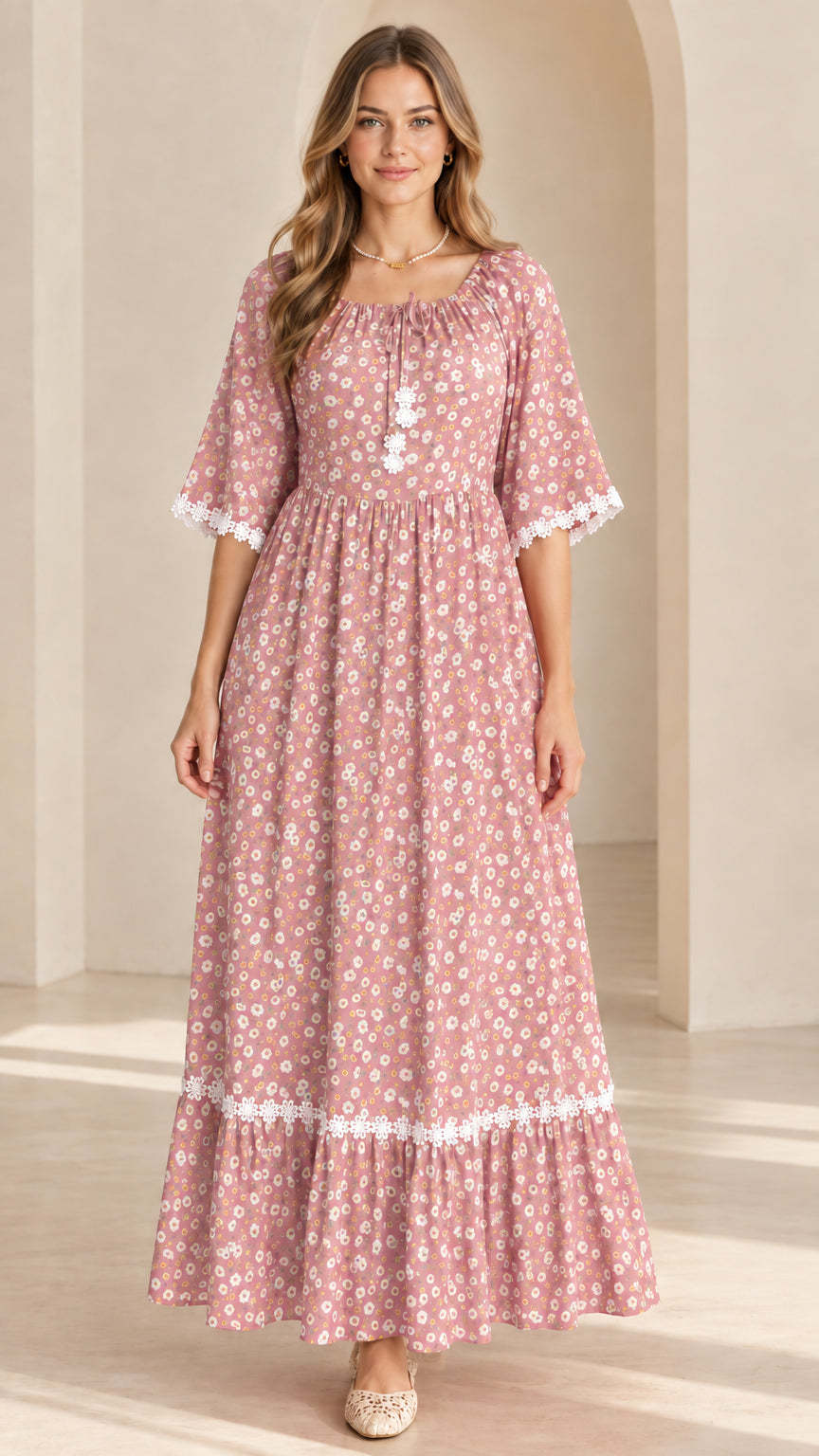 Front view of model wearing dusty pink floral lace trim maxi dress