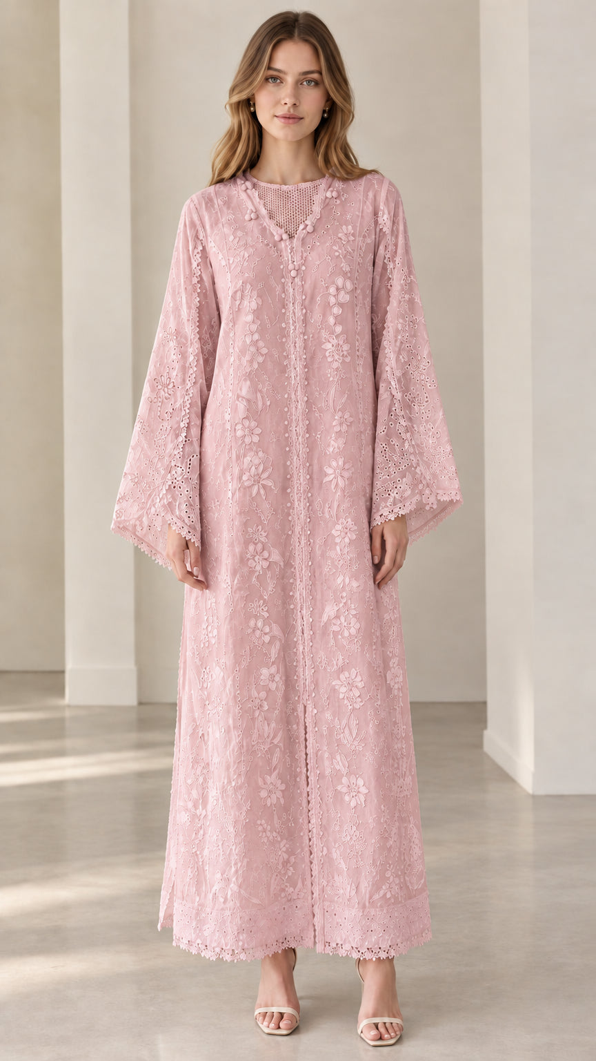 Front view of dusty pink floral lace modest maxi evening dress