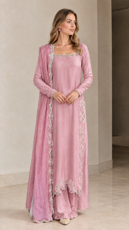 Model wearing Blush Pink longline tunic suit set with matching trousers and dupatta
