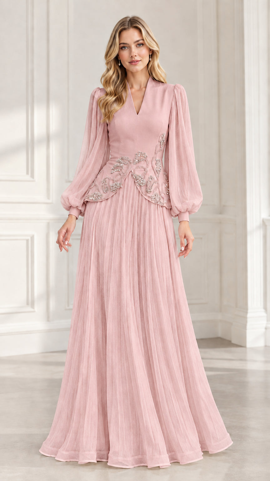 Dusty pink formal pleated evening gown with bishop sleeves and beaded embroidery
