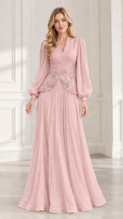 Dusty pink formal pleated evening gown with bishop sleeves and beaded embroidery