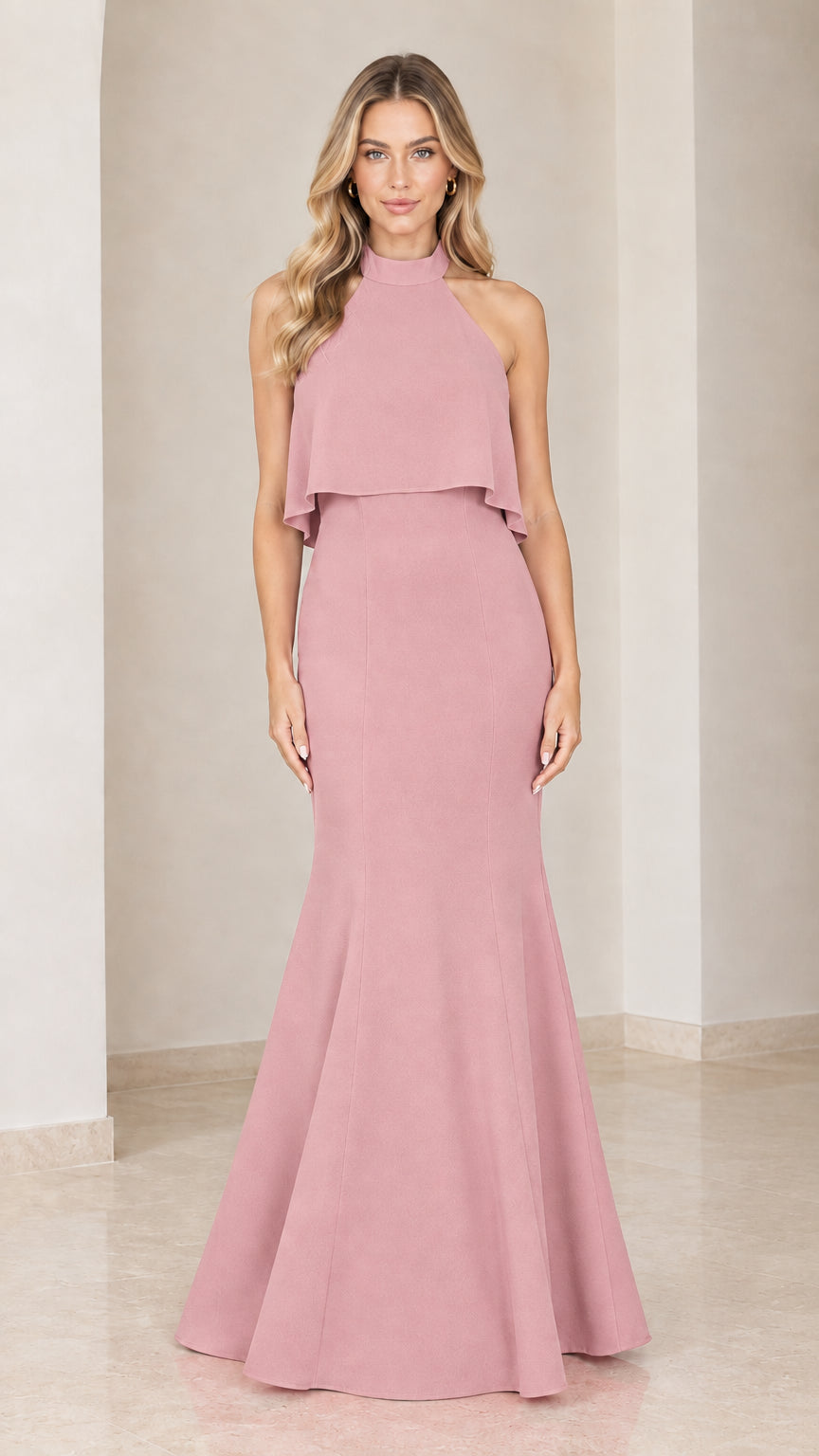 Model wearing the dusty rose halter neck mermaid formal gown