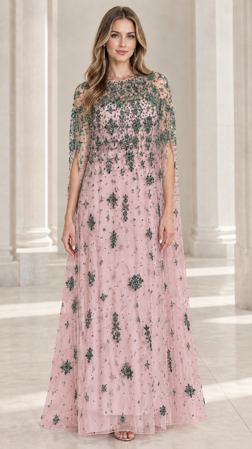 Blush pink sequin embroidered formal gown with cape sleeves