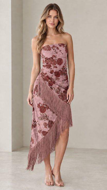 Dusty Rose strapless floral midi dress with matching fringe hem trim