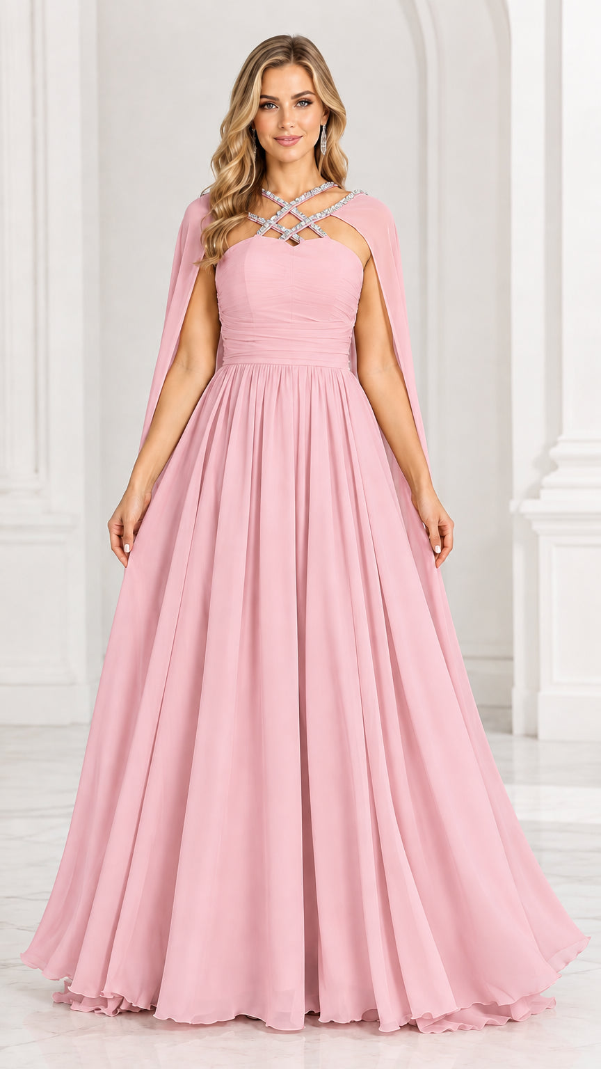 Pink A-line chiffon formal gown with embellished crisscross neckline and cape overlay