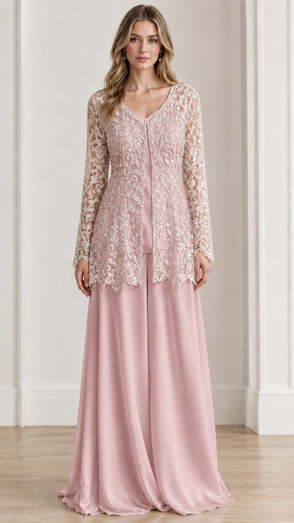 Blush Pink formal embroidered lace jacket and wide-leg pants set