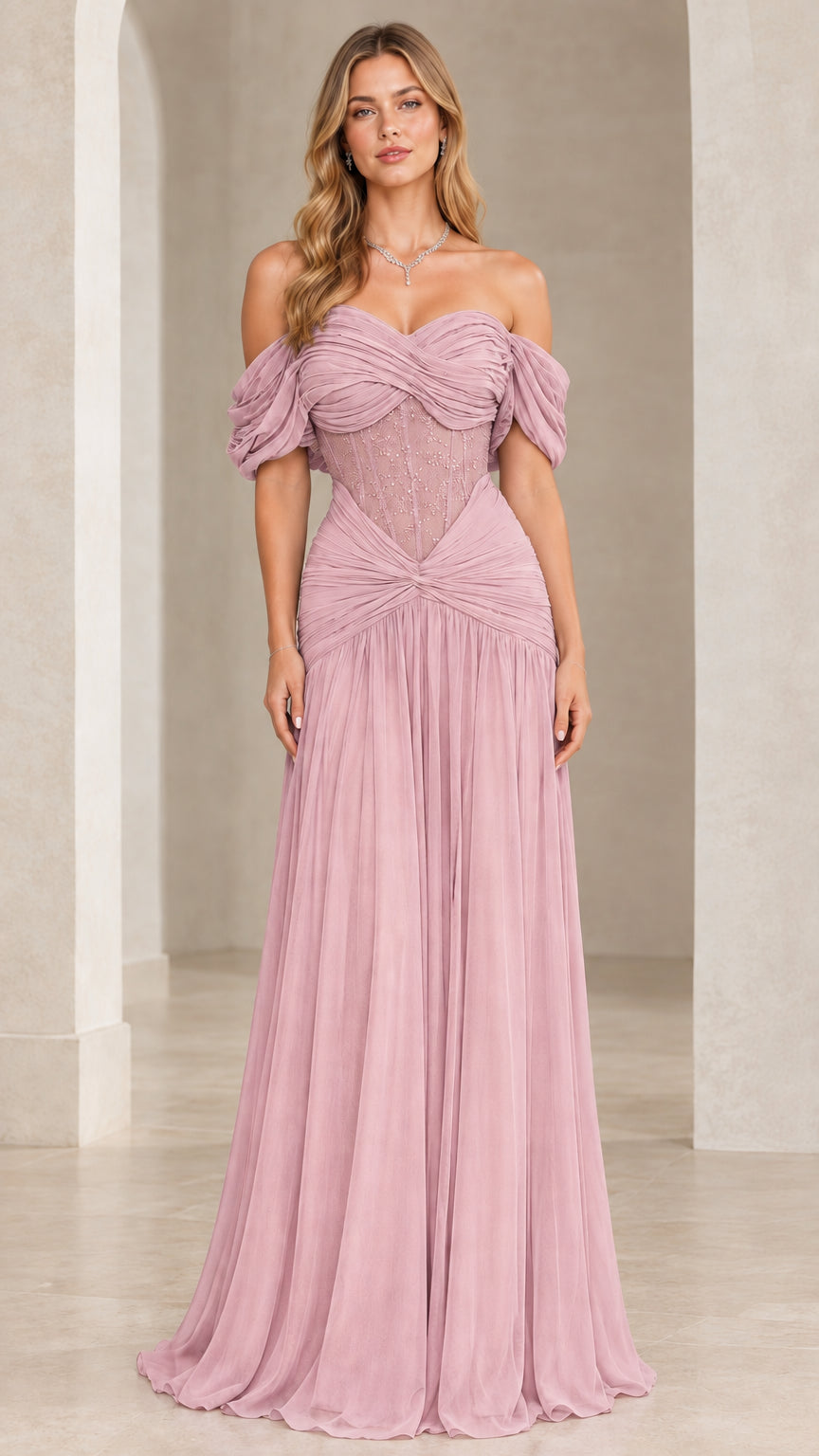 Full front view of woman wearing the Dusty Pink corset ruched chiffon evening gown