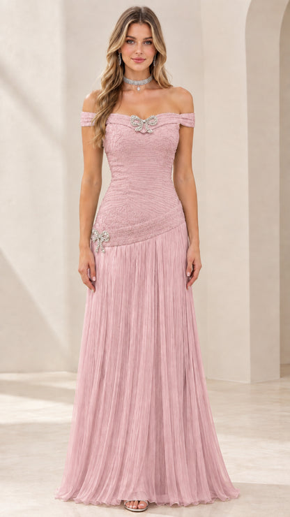 Full-length view of blush pink off-the-shoulder formal maxi dress