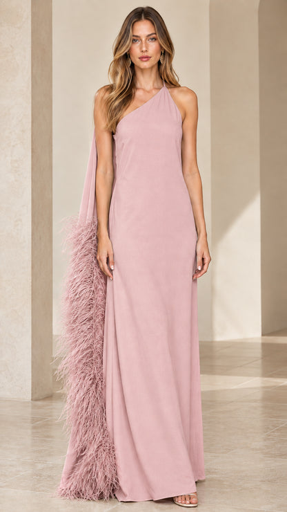 Dusty pink one-shoulder evening maxi dress with tonal feather cape