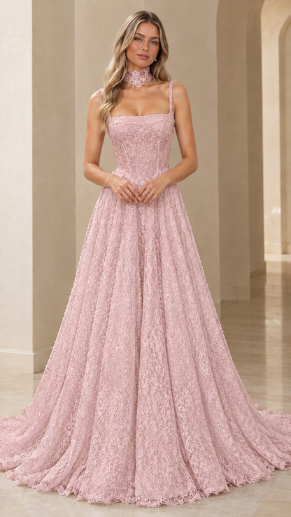 Front view of dusty pink floral lace formal ball gown