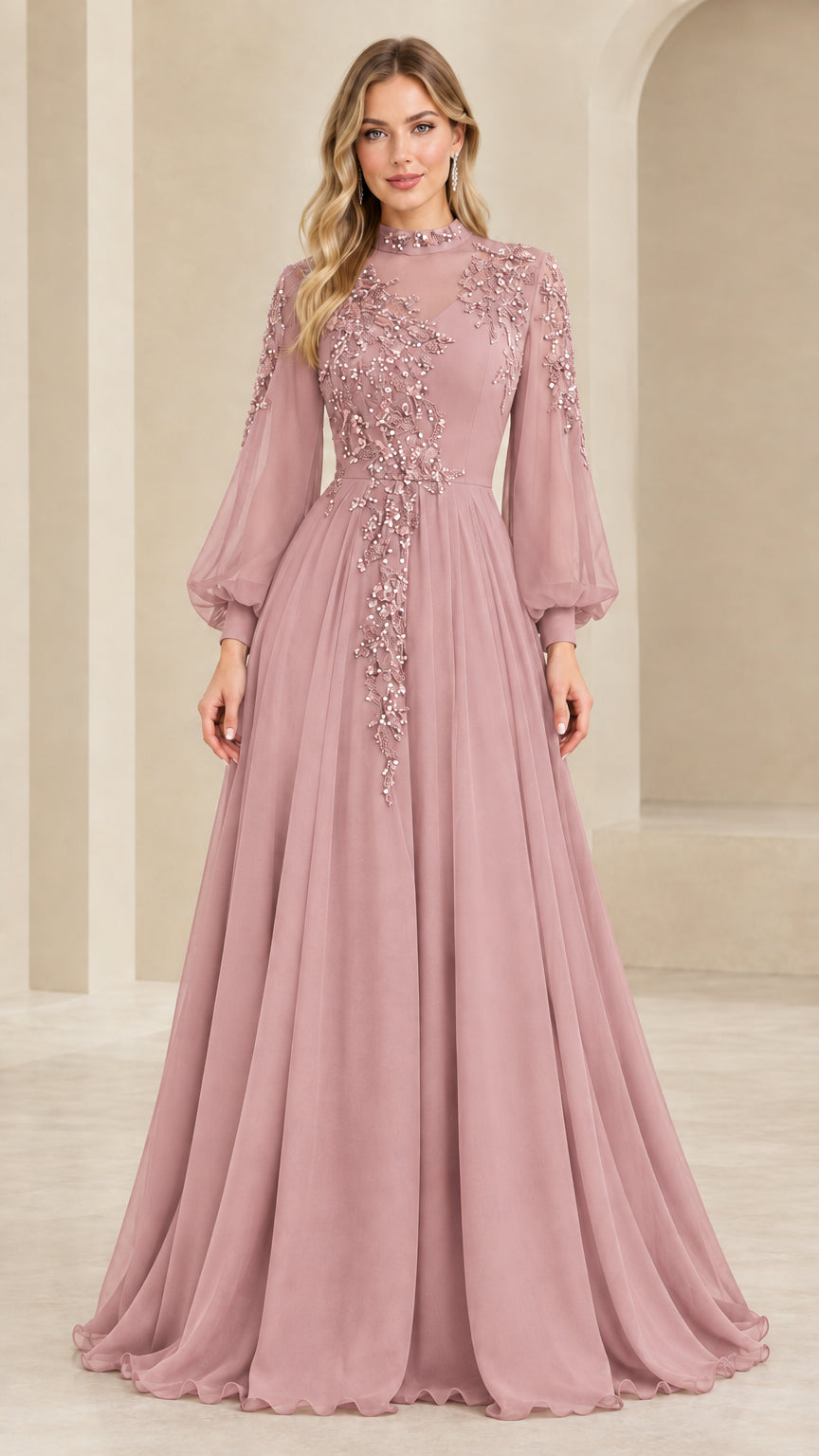 Full front view of dusty rose long sleeve sequin illusion evening gown