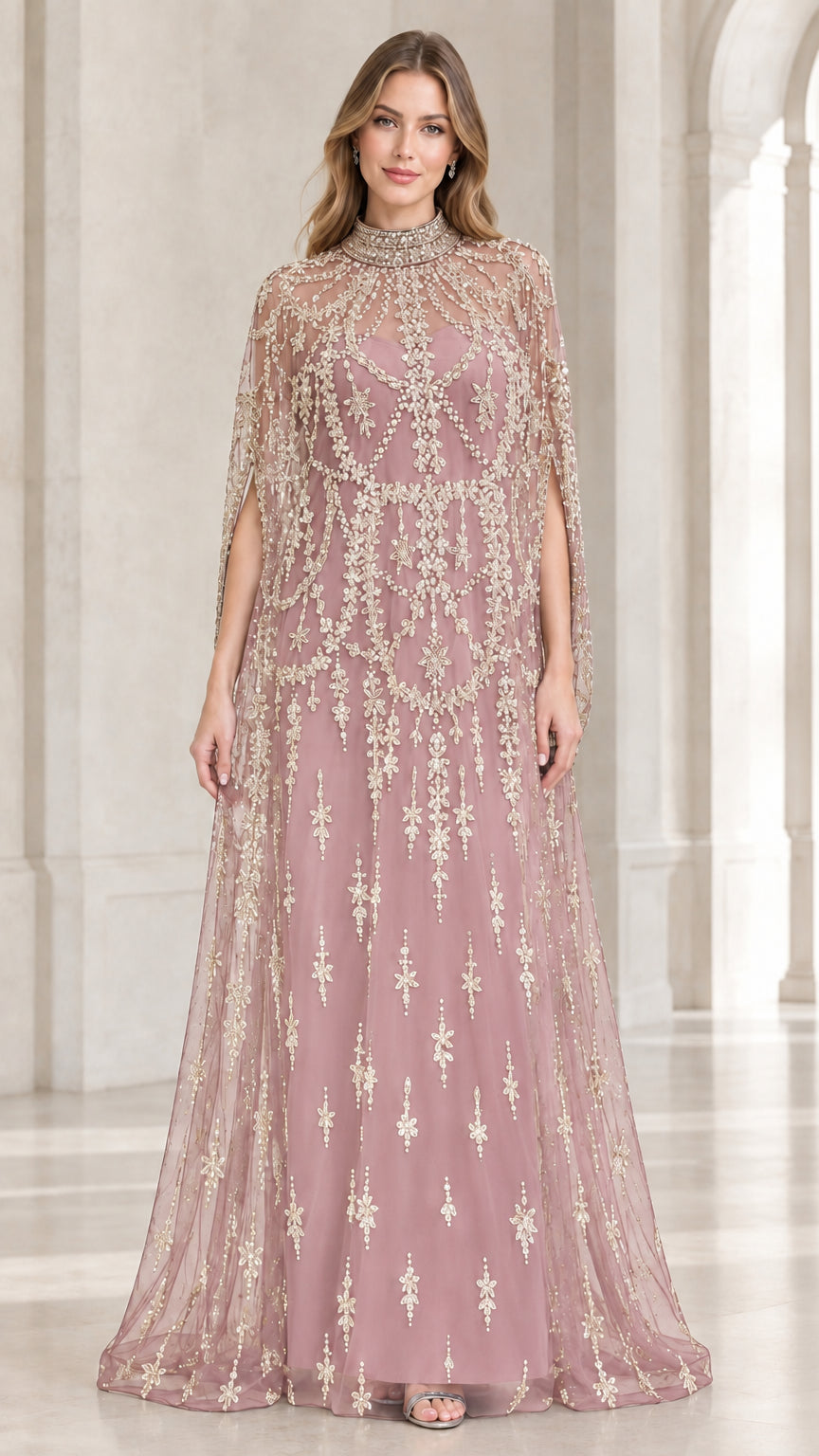 Dusty rose pink formal gown with matching embroidered sheer cape