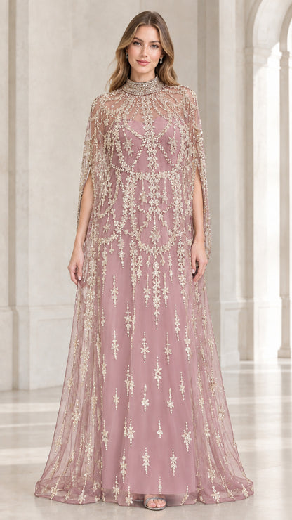 Dusty rose pink formal gown with matching embroidered sheer cape