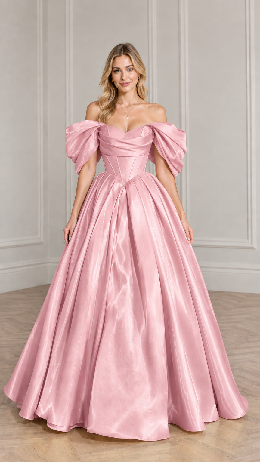 Model wearing soft pink off-the-shoulder satin formal gown