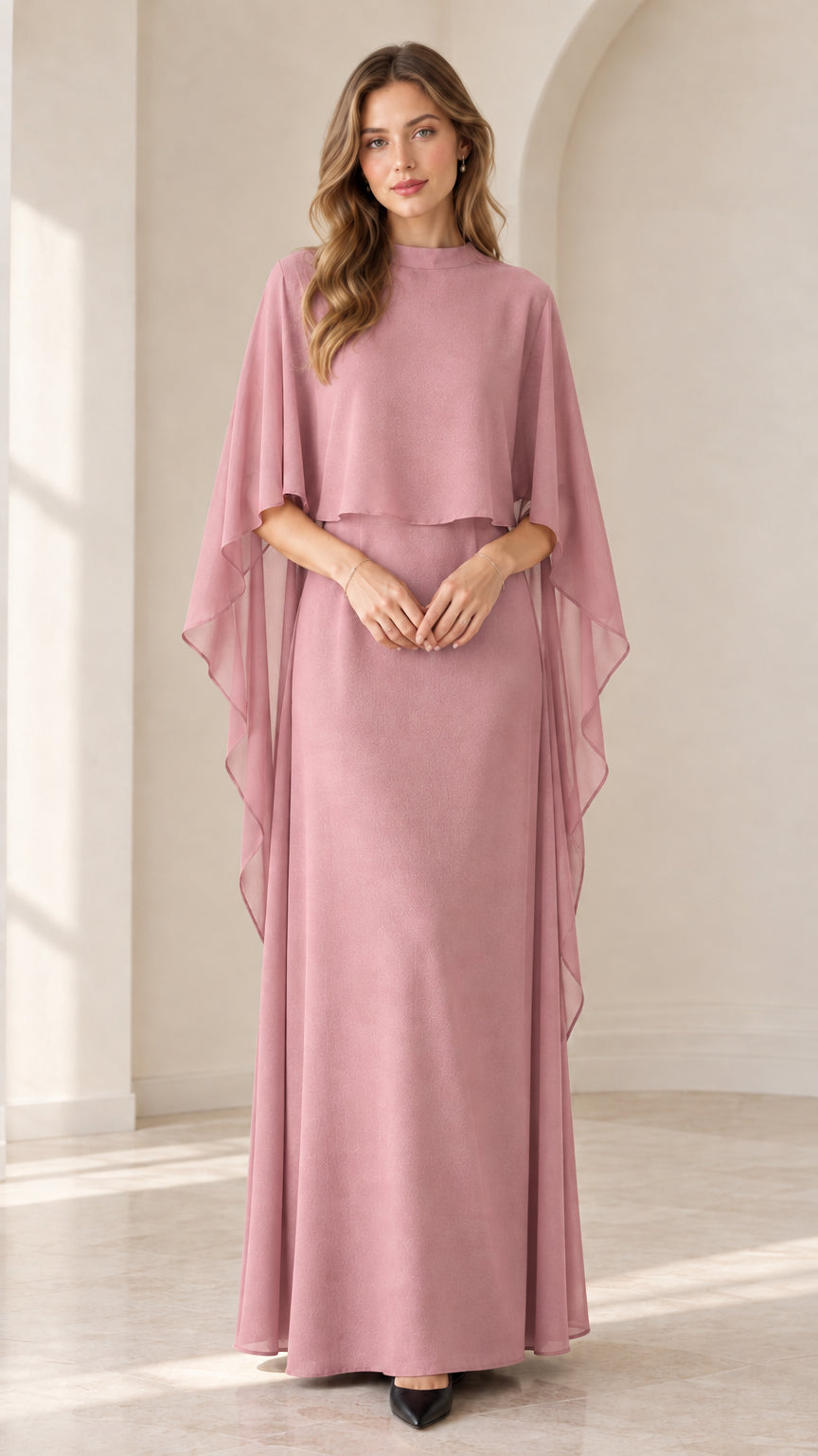 Dusty rose capelet chiffon floor-length evening dress