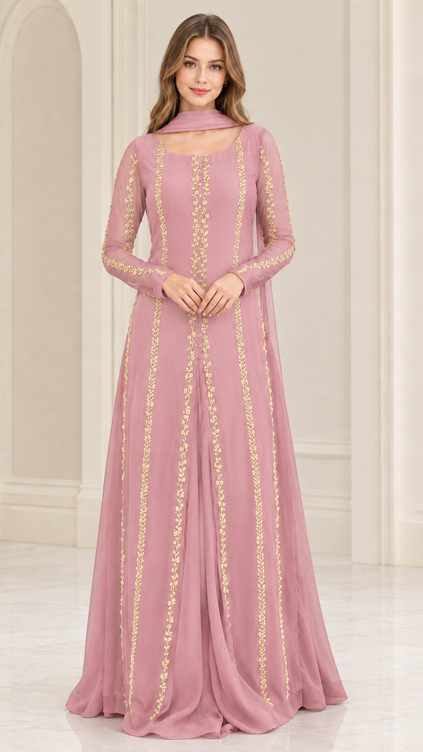 Front view of dusty pink embroidered long sleeve evening maxi dress