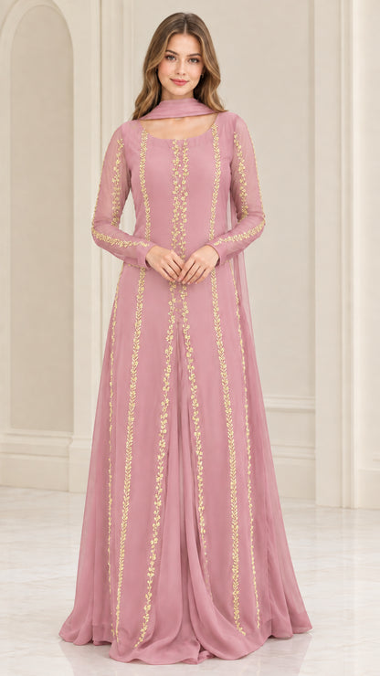 Front view of dusty pink embroidered long sleeve evening maxi dress