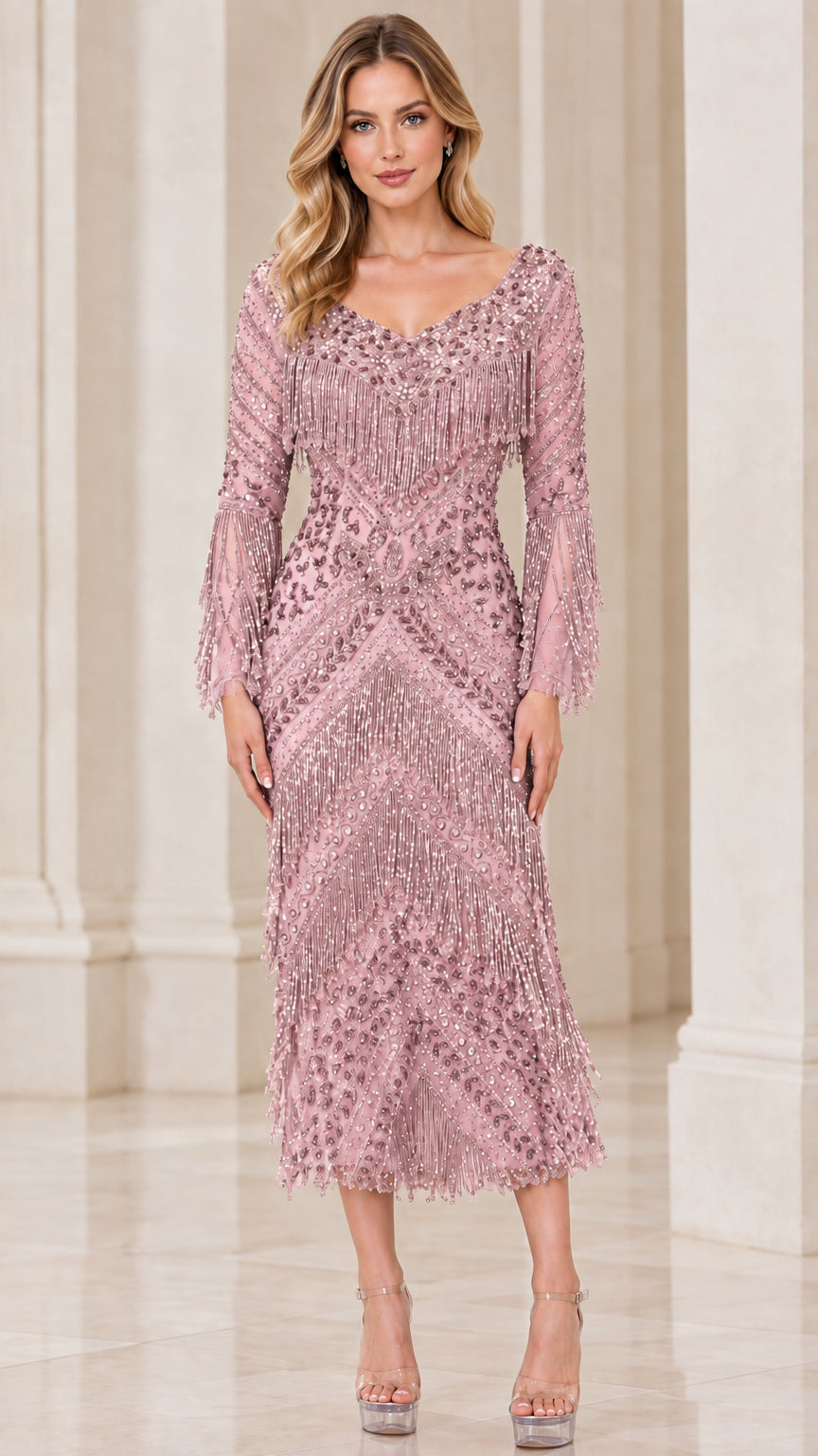 Dusty Pink embellished sequin and beaded fringe cocktail midi dress