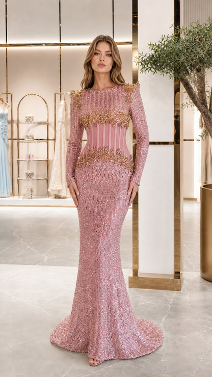 Dusty pink long sleeve sequin formal dress with illusion waist front view