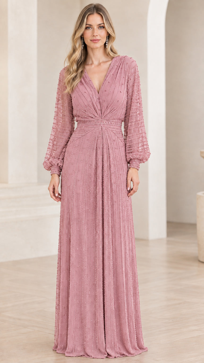 Front view of dusty rose textured V-neck evening gown