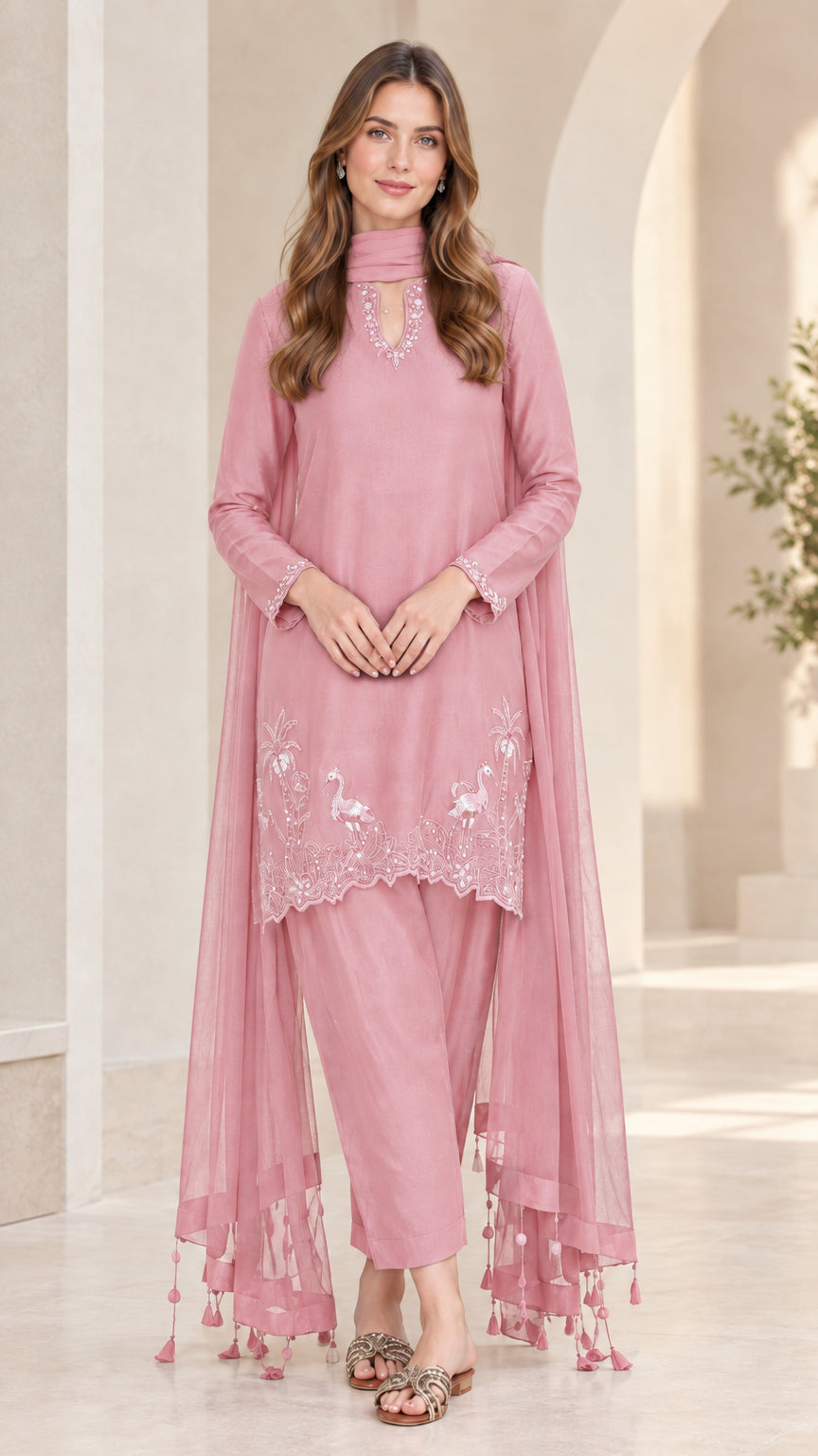 Dusty pink embroidered 3-piece tunic and straight pant set with matching scarf